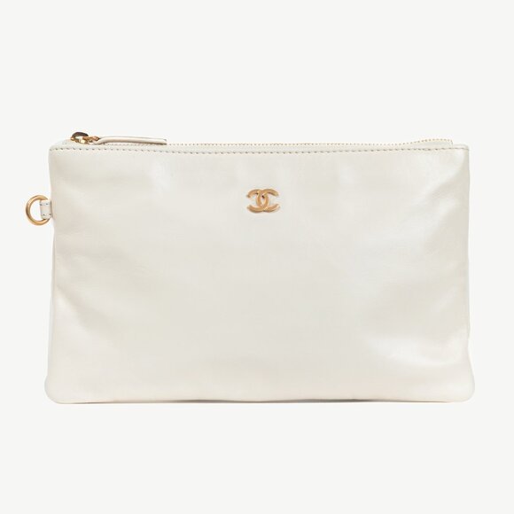 Chanel White Shiny Calfskin Logo Pouch - Picture 1 of 8